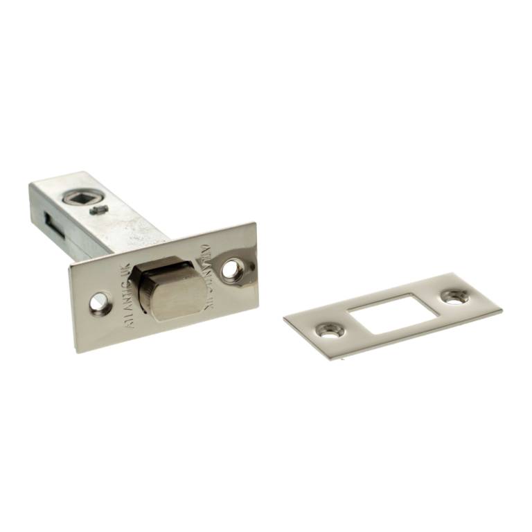 Atlantic Tubular Deadbolt – 2.5", 3" & 4" in polished nickel finish, featuring a cylindrical locking mechanism and accompanying strike plate for secure door closure.