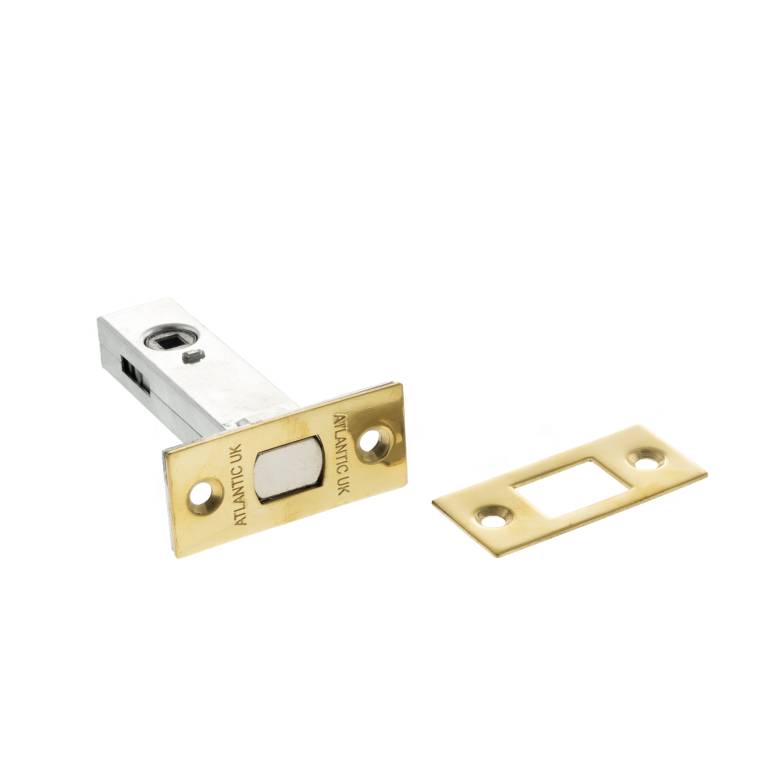 Atlantic Tubular Deadbolt in silver and brass finishes, designed for 2.5", 3", and 4" door installations, featuring a rectangular faceplate and a striker plate.
