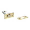 Atlantic Tubular Deadbolt measuring 2.5", 3" & 4", featuring a brass finish with a rectangular faceplate and an accompanying strike plate. The lock is designed for secure door applications.