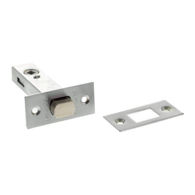 Atlantic Tubular Deadbolt in stainless steel, available in sizes 2.5", 3", and 4". The image shows the deadbolt with a rectangular strike plate for secure door locking.
