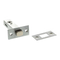 Atlantic Tubular Deadbolt in stainless steel, available in sizes 2.5", 3", and 4". The image shows the deadbolt with a rectangular strike plate for secure door locking.
