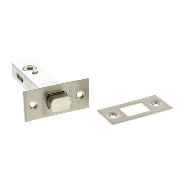Atlantic Tubular Deadbolt – 2.5", 3" & 4" in stainless steel with a round bolt and rectangular faceplate, featuring mounting holes for secure installation.