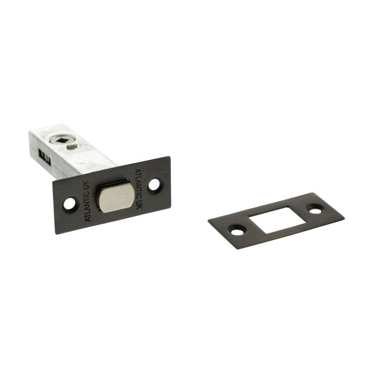 Atlantic Tubular Deadbolt in silver finish, available in sizes 2.5", 3", and 4", with a metal body and a rectangular strike plate included, shown against a plain background.