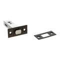Atlantic Tubular Deadbolt in a silver and black finish, measuring 2.5", 3", and 4". The image shows the deadbolt mechanism alongside its matching strike plate.