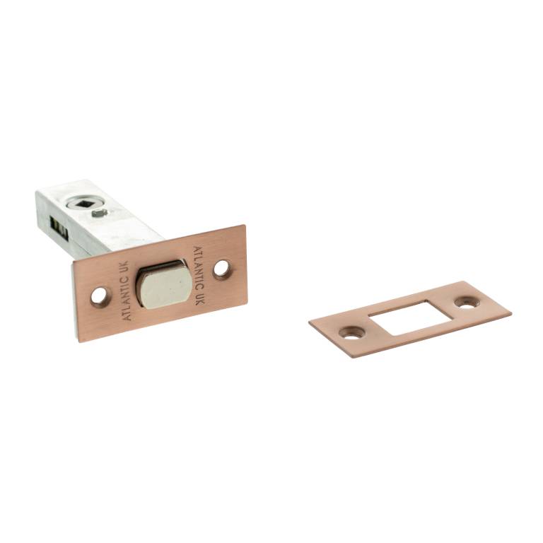 Atlantic Tubular Deadbolt in a bronze finish with a 2.5", 3", and 4" size option, featuring a square bolt mechanism and a rectangular strike plate for secure locking.