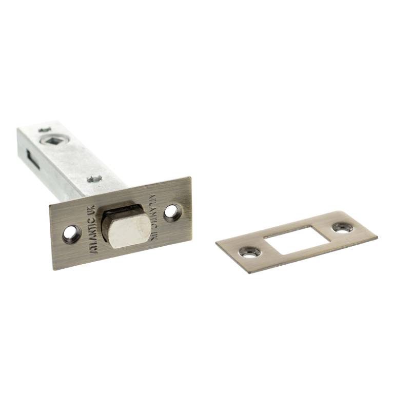 Atlantic Tubular Deadbolt in a nickel finish, measuring 2.5", 3", and 4". It includes a cylindrical bolt and a matching strike plate for security installations.