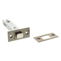 Atlantic Tubular Deadbolt in a nickel finish, measuring 2.5", 3", and 4". It includes a cylindrical bolt and a matching strike plate for security installations.