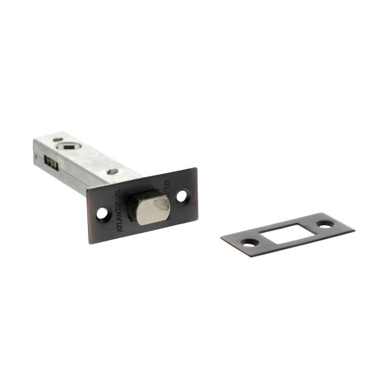 Atlantic Tubular Deadbolt – 2.5", 3" & 4" with a metal body featuring a square, chrome-plated bolt and a mounting plate. The deadbolt is designed for secure locking applications.