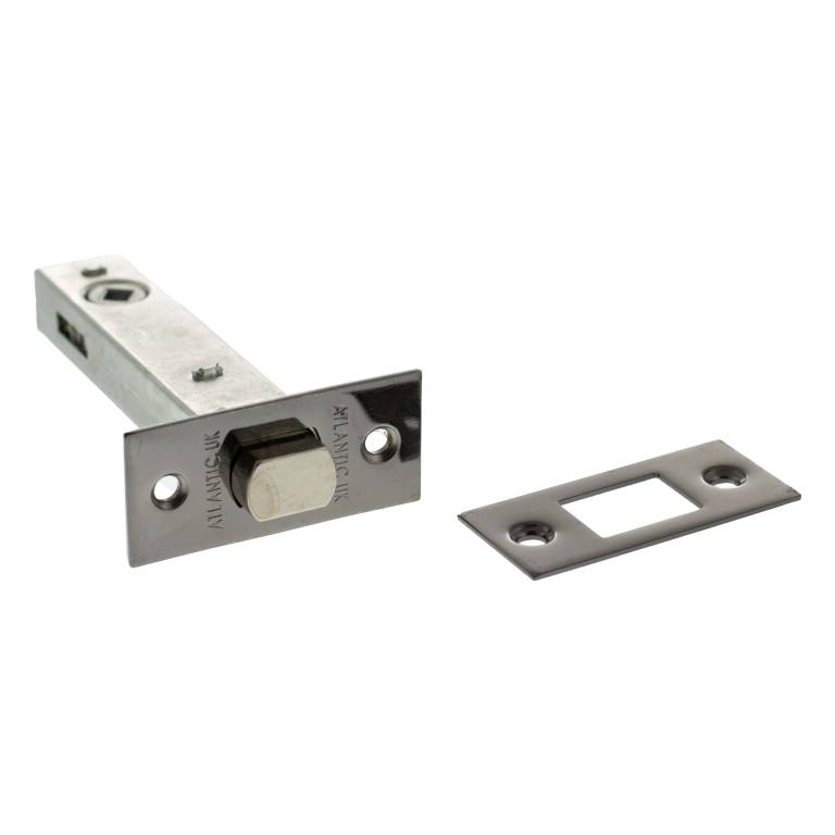 Atlantic Tubular Deadbolt – 2.5", 3" & 4" in a silver finish, featuring a rectangular metal housing with a square bolt and a matching strike plate for installation.
