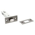 Atlantic Tubular Deadbolt in stainless steel, measuring 2.5", 3", and 4" with a square bolt. The image includes the deadbolt mechanism and an accompanying strike plate.
