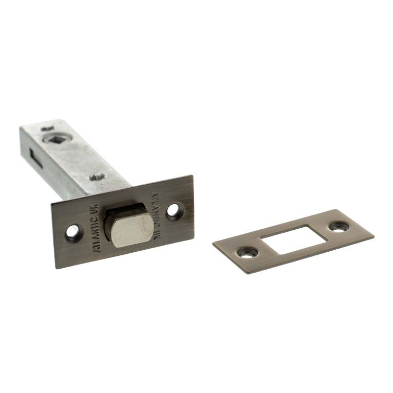 Atlantic Tubular Deadbolt in chrome finish, measuring 2.5", 3", and 4" with a cylindrical bolt design. The set includes a strike plate, made of metal for secure door locking.