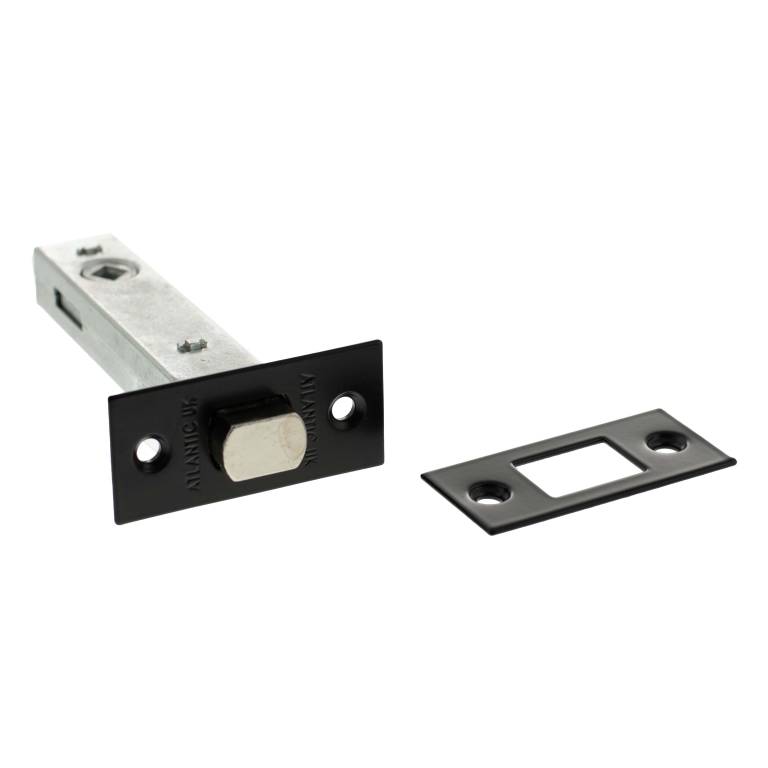 Atlantic Tubular Deadbolt available in 2.5", 3", and 4" sizes, featuring a metallic cylinder in a rectangular steel body with a black finish and accompanying strike plate.