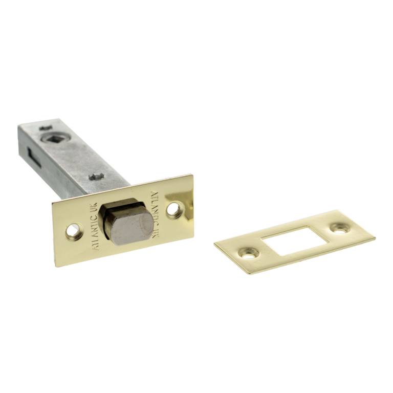 Atlantic Tubular Deadbolt in brass finish, available in lengths of 2.5", 3", and 4", featuring a square bolt and a corresponding strike plate.