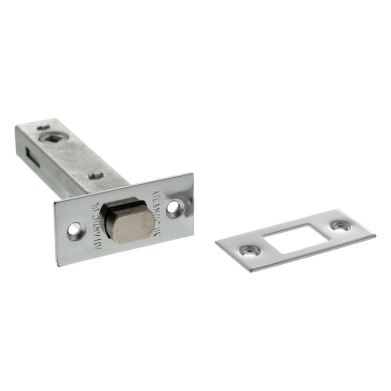 Atlantic Tubular Deadbolt in a silver finish, available in 2.5", 3", and 4" sizes, features a cylindrical design with a round bolt and includes a matching strike plate.