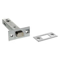 Atlantic Tubular Deadbolt in a silver finish, available in 2.5", 3", and 4" sizes, features a cylindrical design with a round bolt and includes a matching strike plate.