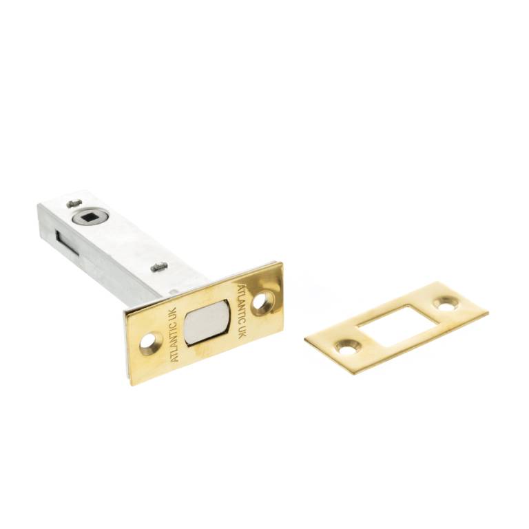 Atlantic Tubular Deadbolt – 2.5", 3" & 4" in a metal finish, featuring a silver body with a gold faceplate and matching strike plate. This deadbolt is designed for security with a single cylinder mechanism.