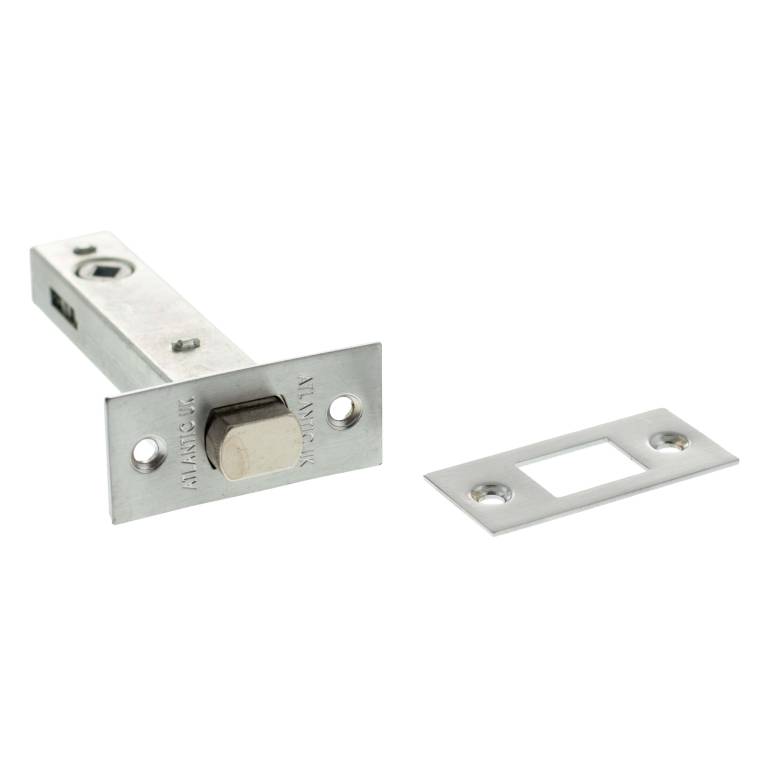 Atlantic Tubular Deadbolt available in 2.5", 3", and 4" sizes, featuring a shiny metal finish with a cylindrical bolt and accompanying strike plate.