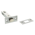 Atlantic Tubular Deadbolt available in 2.5", 3", and 4" sizes, featuring a shiny metal finish with a cylindrical bolt and accompanying strike plate.