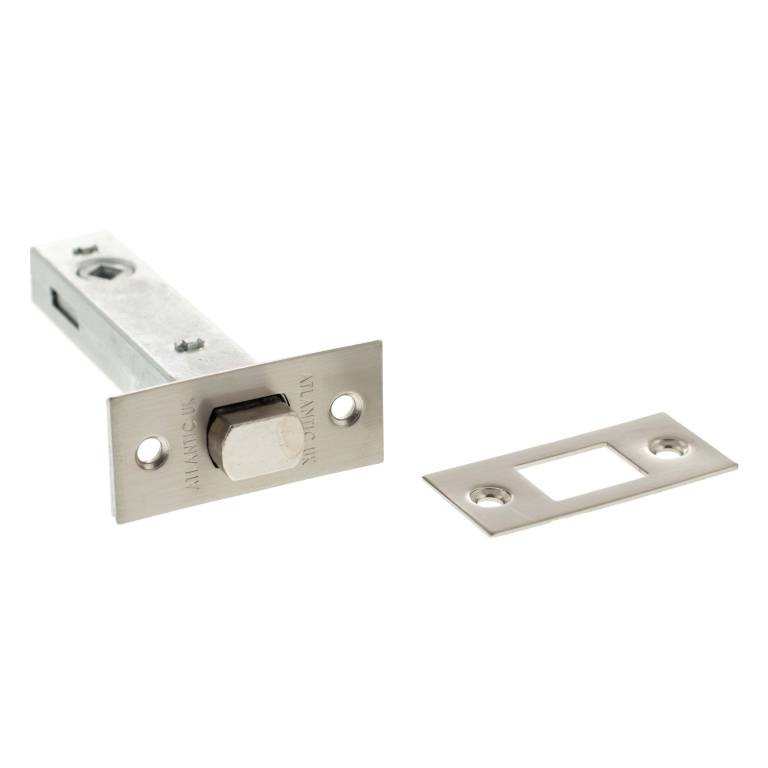 Atlantic Tubular Deadbolt in silver finish, measuring 2.5", 3", and 4", features a square bolt design and comes with a matching strike plate for installation.