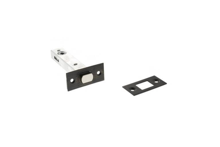 Atlantic Tubular Deadbolt in silver finish, available in sizes 2.5", 3", and 4", featuring a rectangular strike plate with a black finish and a round cylindrical body.