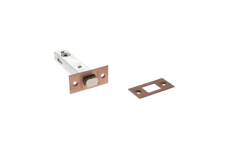 Atlantic Tubular Deadbolt in 2.5", 3", and 4" sizes, featuring a metallic locking mechanism with a rectangular faceplate and a round cylinder, shown alongside a matching strike plate.