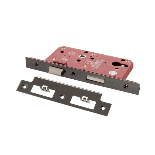Atlantic DIN Euro Profile Sashlock Double Throw with a 60mm backset, featuring a red body and metal faceplate. The set includes an additional metal strike plate with two slots for installation.