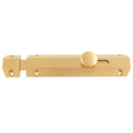 Carlisle Brass Surface Bolt in polished brass, featuring a sleek rectangular design with a round knob for operation, shown with mounting plate and drilled holes for installation.