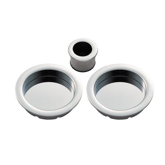 Carlisle Brass Sliding Door Rose with Flush Pull set, consisting of two round pulls and a smaller flush pull, all featuring a shiny chrome finish. Designed for easy access and sleek functionality.