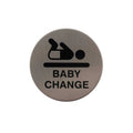 Atlantic Comercial Hardware baby change sign in round brushed stainless steel with black graphics depicting a baby and text reading 'BABY CHANGE'.