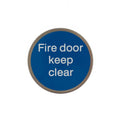 Atlantic Comercial Hardware circular sign in blue with white text reading "Fire door keep clear." The sign features a durable construction suitable for safety and regulatory purposes.