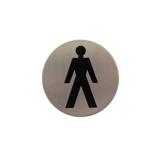 Atlantic Comercial Hardware sign featuring a black male figure icon on a round brushed metal background, indicating restroom facilities.