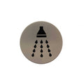 Atlantic Comercial Hardware shower head icon in round, brushed stainless steel, featuring a black graphic of a shower head with water droplets.
