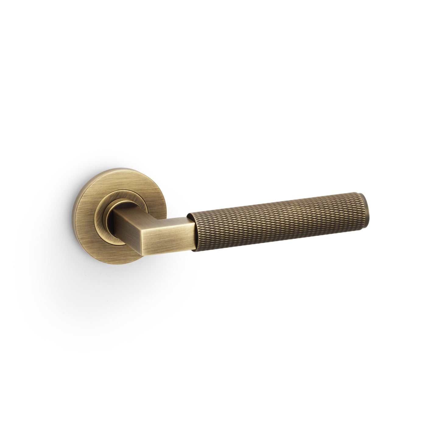 Knurled Hurricane Lever on Round Rose Antique Brass Love Handles uk