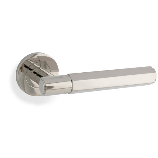 Alexander & Wilks Hex Spitfire Lever on Round Rose in a polished nickel finish, featuring a sleek, modern lever design that connects to a round rose plate.