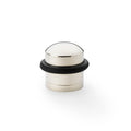 Alexander & Wilks Dome Top Floor Mounted Door Stop featuring a polished metal finish with a black rubber ring for grip. The design includes a dome-shaped top and a sturdy circular base for stability.