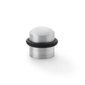 Alexander & Wilks Dome Top Floor Mounted Door Stop in stainless steel with a black rubber ring at the base, featuring a rounded dome top design for durability and stability.