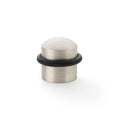 Alexander & Wilks Dome Top Floor Mounted Door Stop with a brushed nickel finish and a black rubber ring, featuring a cylindrical base and a rounded top design for durability and stability.