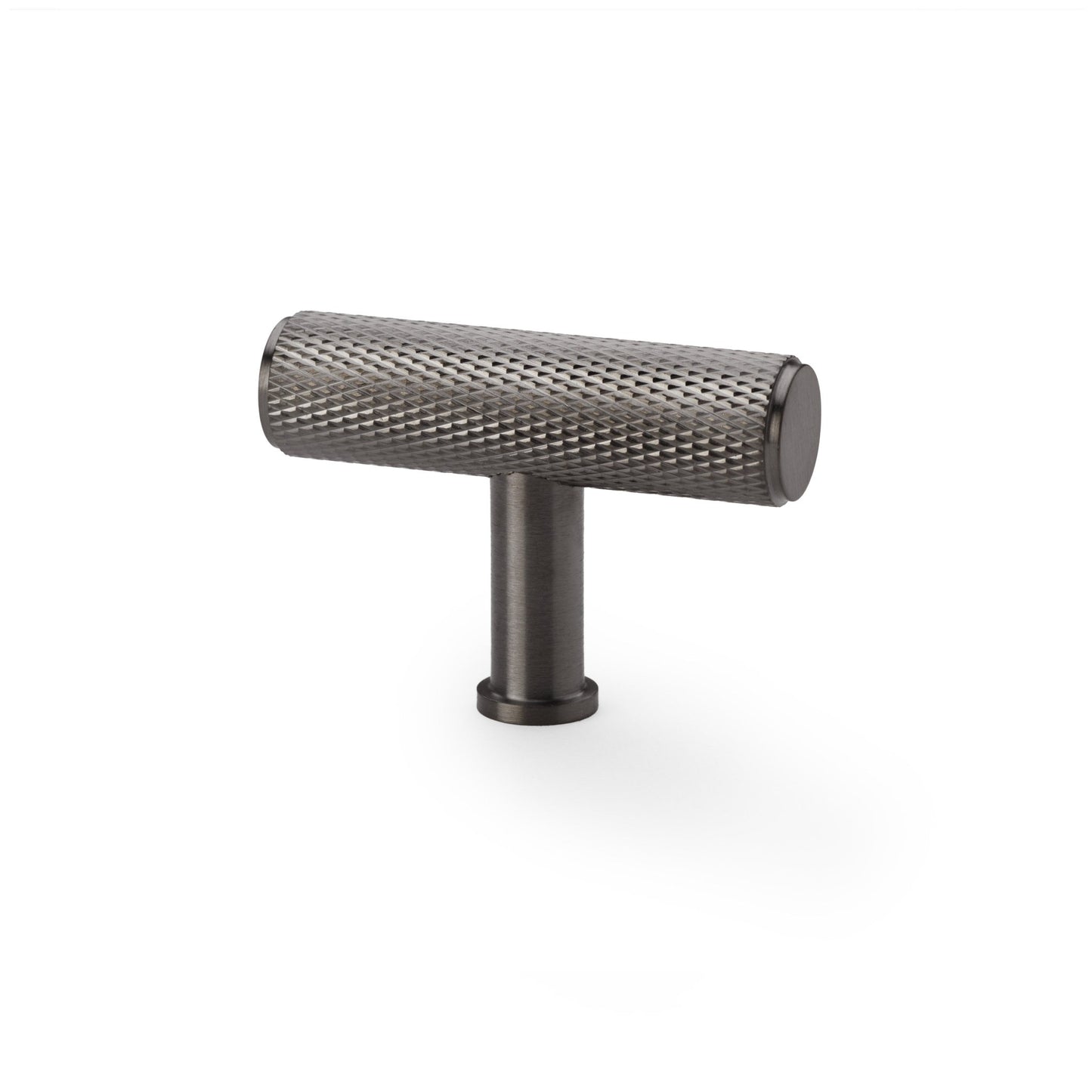 Alexander & Wilks Crispin Knurled T-Bar Cupboard Knob in a dark finish, featuring a textured surface design and a cylindrical shape with a straight base for easy installation.