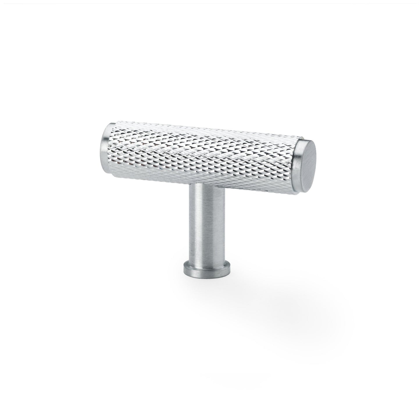 Alexander & Wilks Crispin Knurled T-Bar Cupboard Knob in silver, featuring a knurled texture on the handle for grip and a simple T-bar design for easy installation.