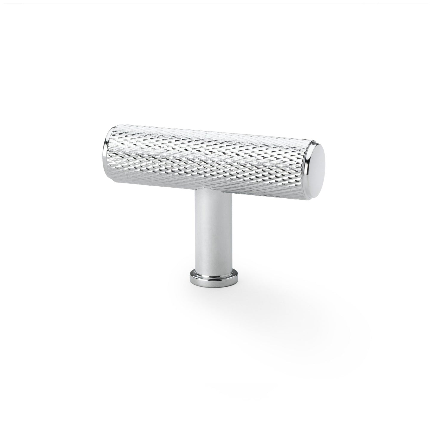 Alexander & Wilks Crispin Knurled T-Bar Cupboard Knob in polished chrome finish, featuring a textured design and a cylindrical base for mounting.