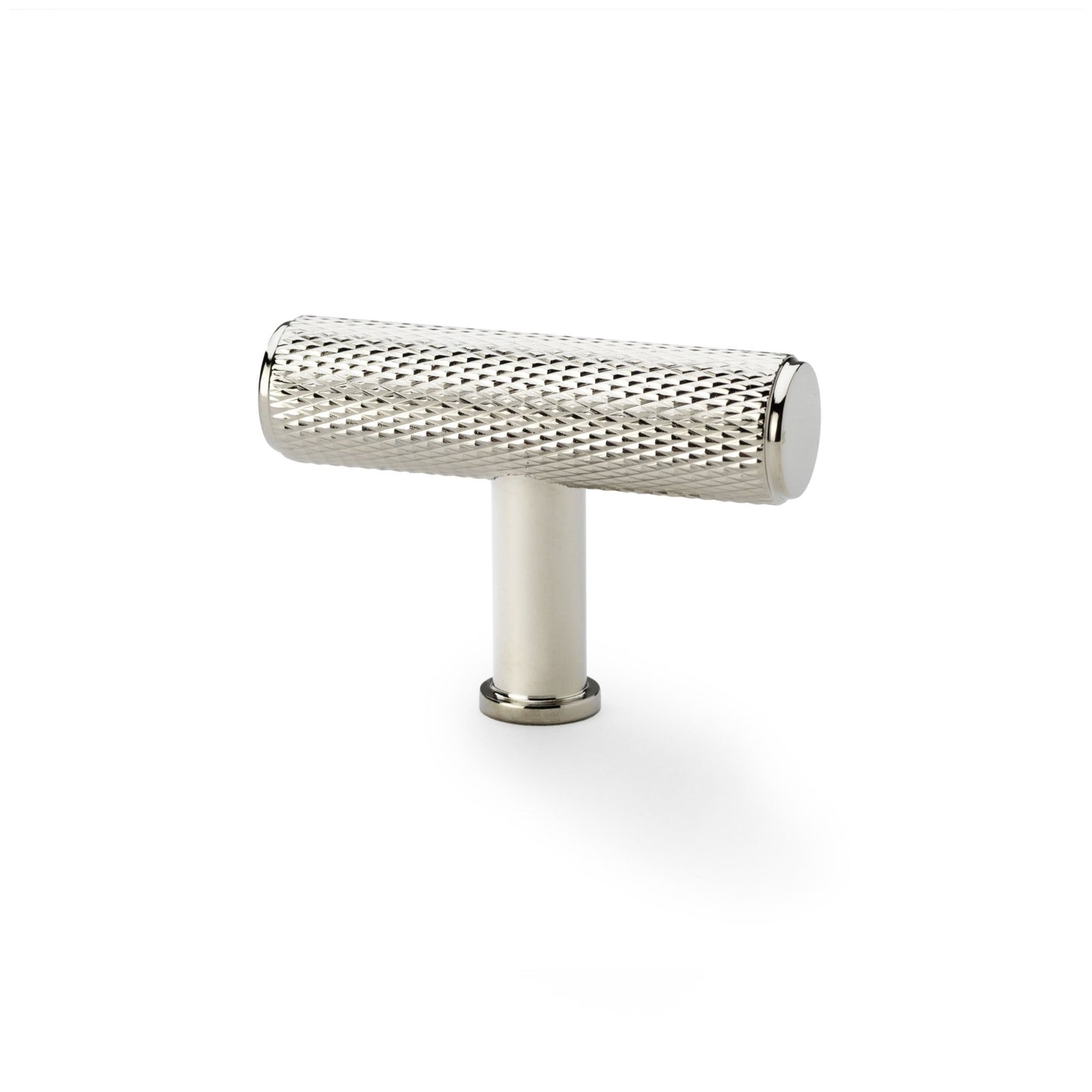 Alexander & Wilks Crispin Knurled T-Bar Cupboard Knob in polished nickel finish, featuring a textured cylindrical body for grip and a simple design.