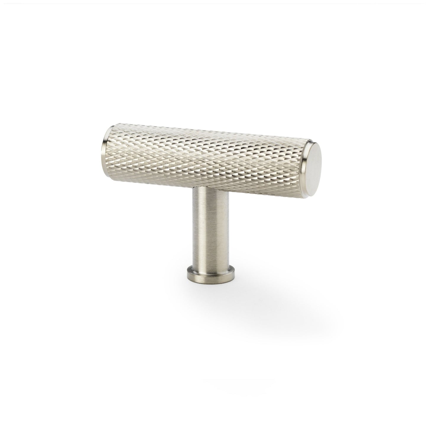 Alexander & Wilks Crispin Knurled T-Bar Cupboard Knob in brushed nickel, featuring a textured cylindrical handle with a T-shaped design, mounted on a small round base.
