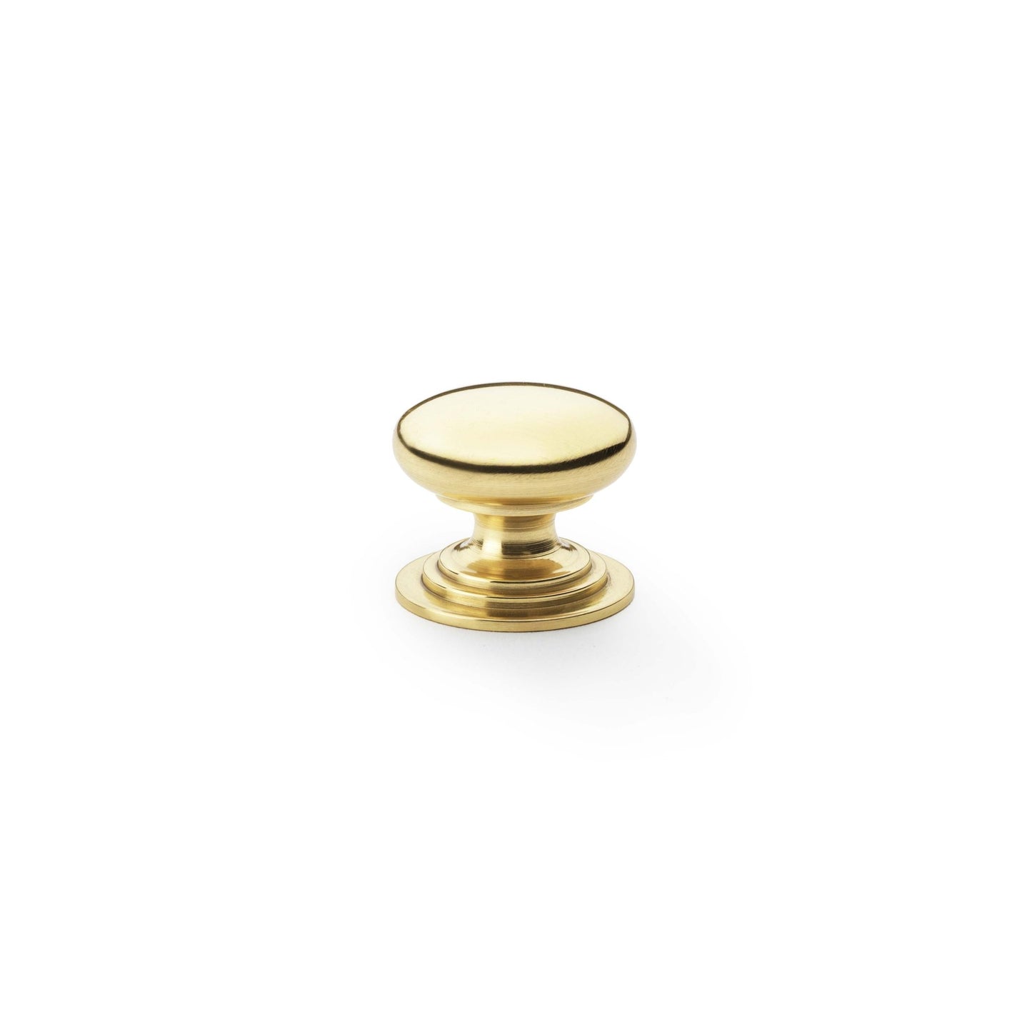 Alexander & Wilks Waltz Round Cupboard Knob on Stepped Rose in polished brass finish, featuring a smooth round top and a layered base design.