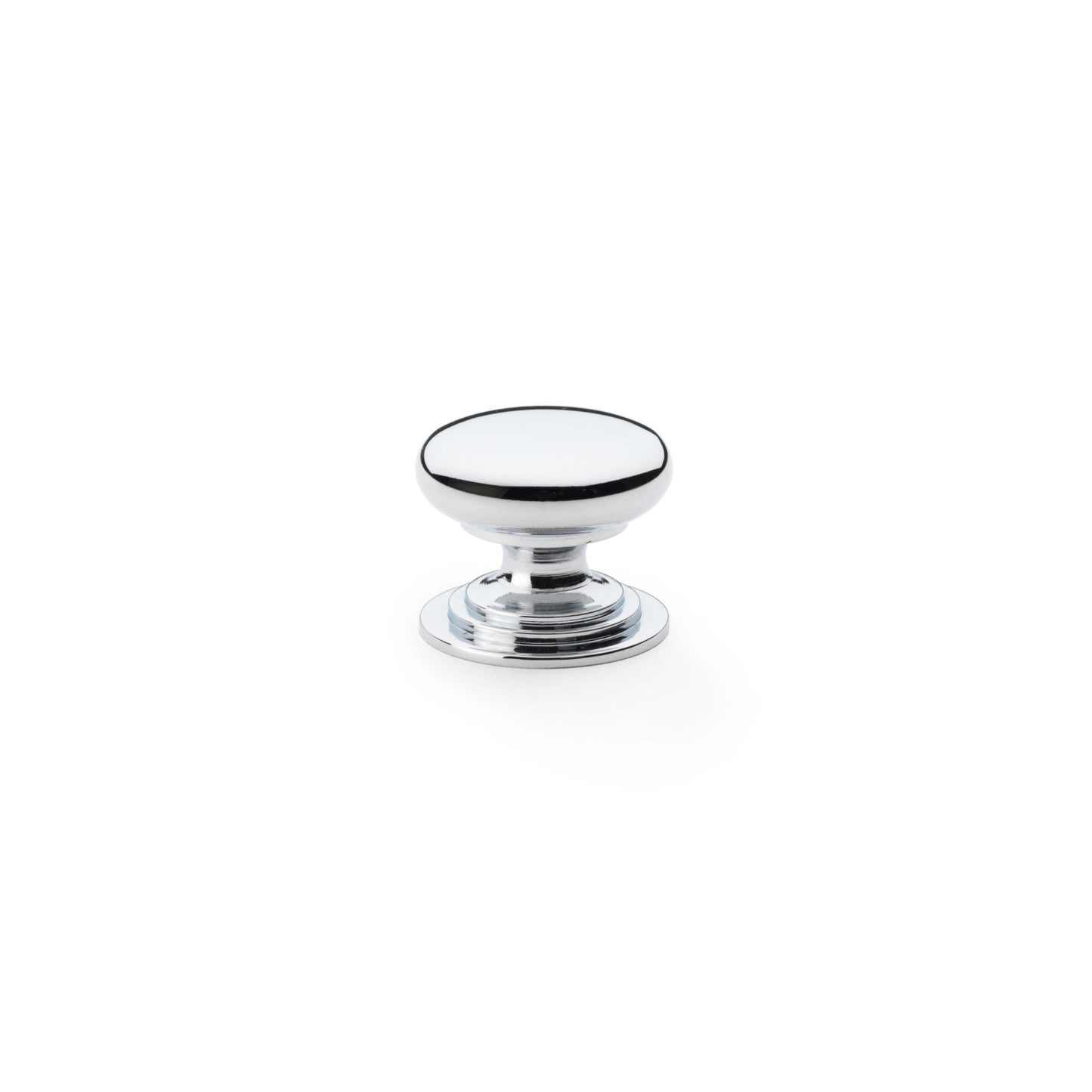 Alexander & Wilks Waltz Round Cupboard Knob on Stepped Rose features a round, white ceramic top with a polished chrome base, providing a sleek and modern design for cabinets and furniture.