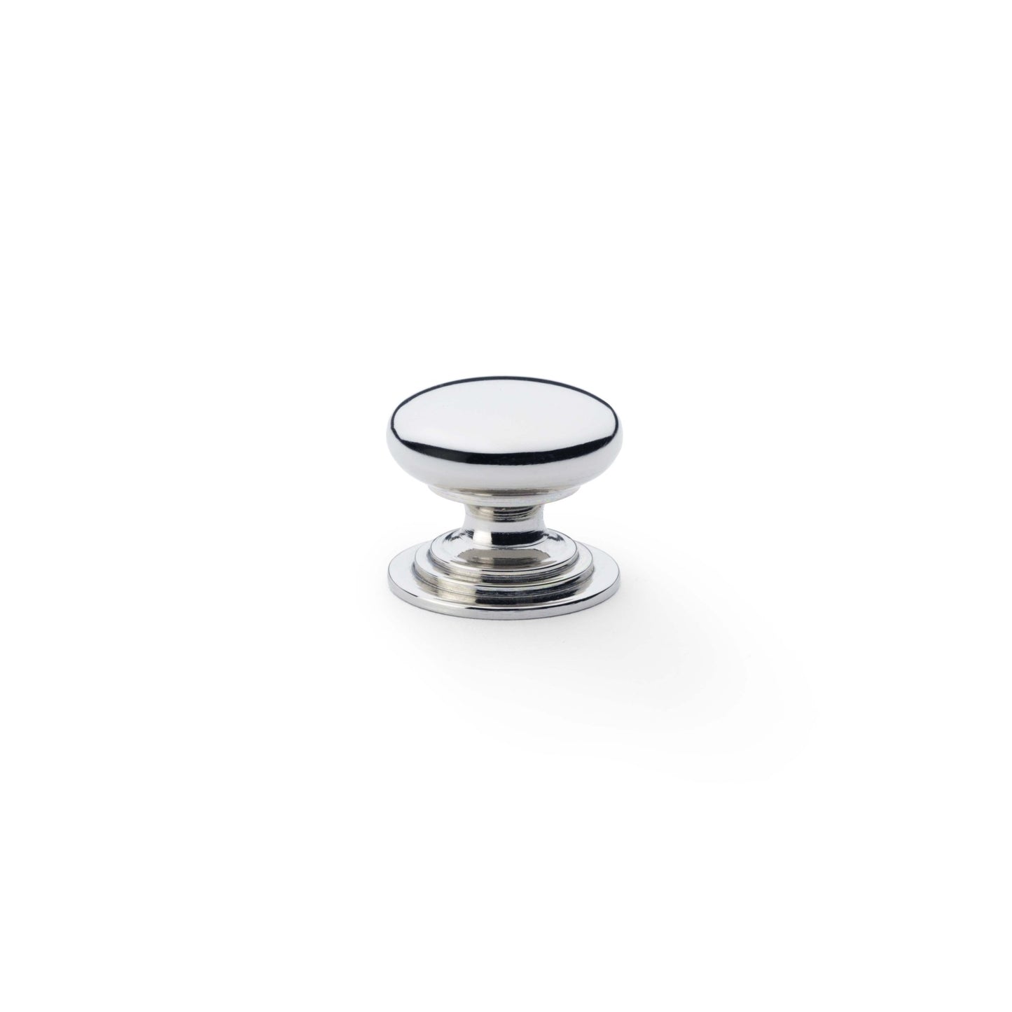 Alexander & Wilks Waltz Round Cupboard Knob on Stepped Rose in polished chrome finish, featuring a white circular surface with a thin black border, providing a sleek design for cabinets and drawers.