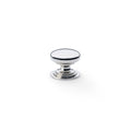 Alexander & Wilks Waltz Round Cupboard Knob on Stepped Rose in polished chrome finish, featuring a white circular surface with a thin black border, providing a sleek design for cabinets and drawers.
