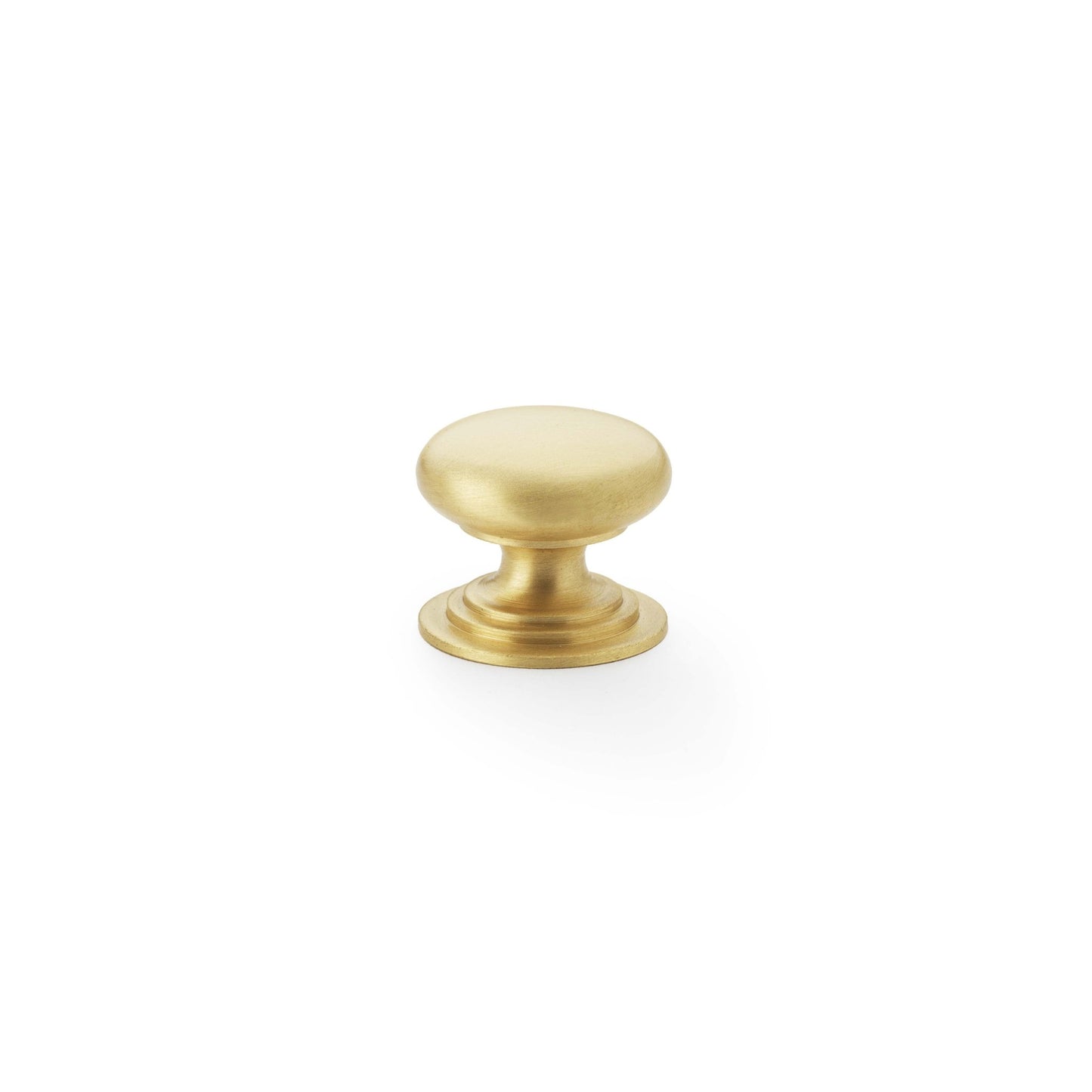 Alexander & Wilks Waltz Round Cupboard Knob on Stepped Rose in a brushed gold finish, featuring a rounded top and an ornate base, designed for cabinets and drawers.