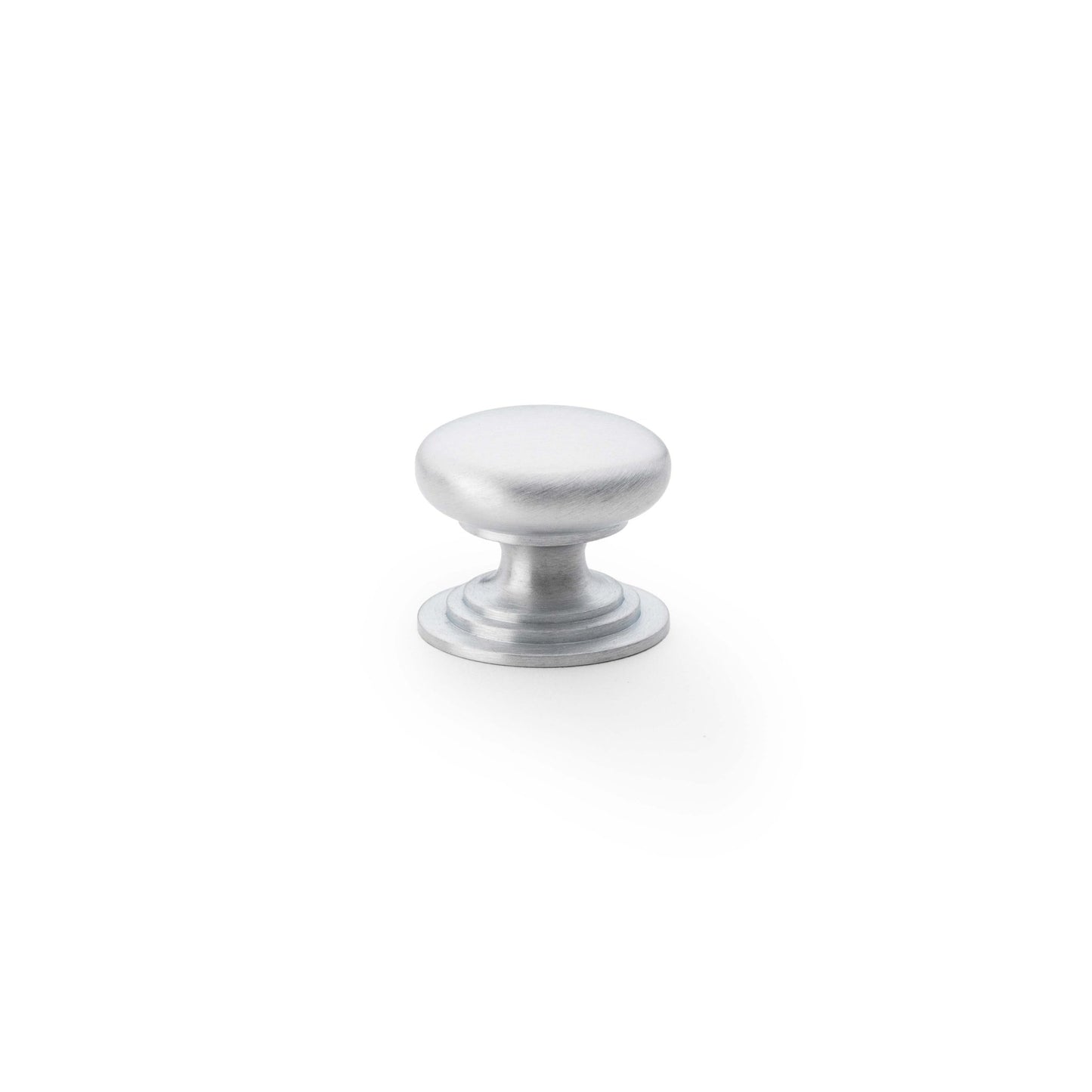 Alexander & Wilks Waltz Round Cupboard Knob on Stepped Rose in brushed silver finish, featuring a smooth, rounded top and a stepped base design.