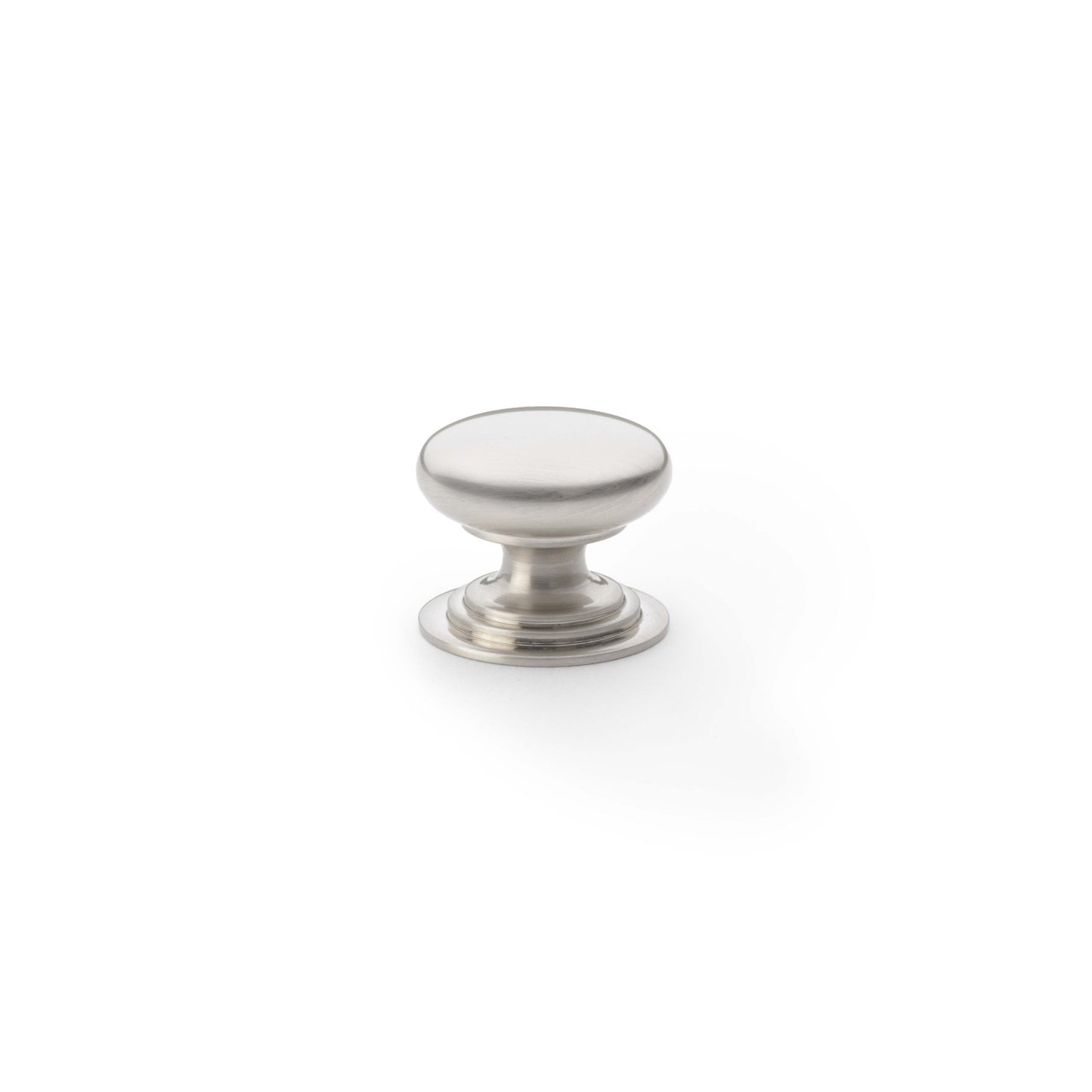 Alexander & Wilks Waltz Round Cupboard Knob on Stepped Rose in a brushed nickel finish, featuring a smooth, round top and a stepped base for a classic design.