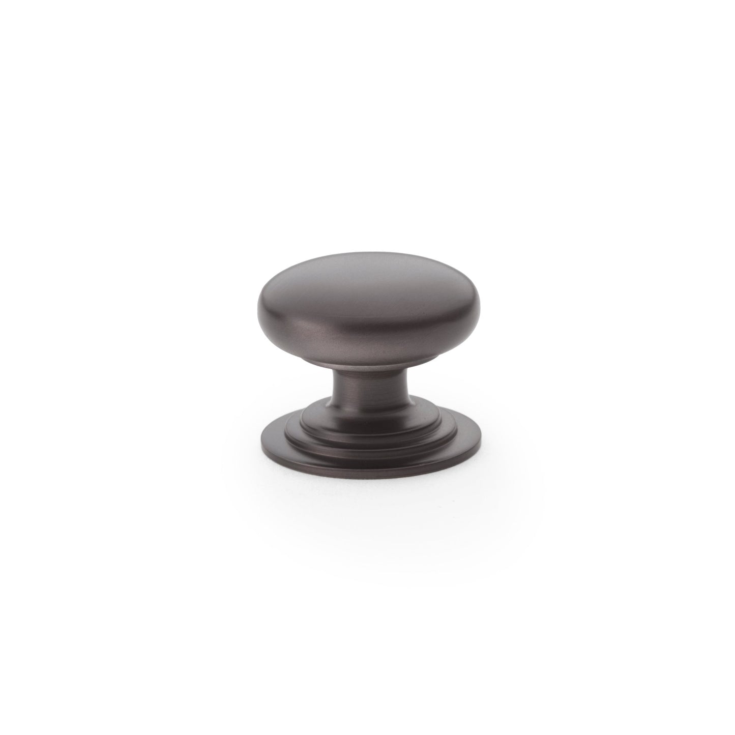 Alexander & Wilks Waltz Round Cupboard Knob on Stepped Rose in an oil-rubbed bronze finish, featuring a rounded knob design on a stepped base, suitable for cabinetry and furniture.
